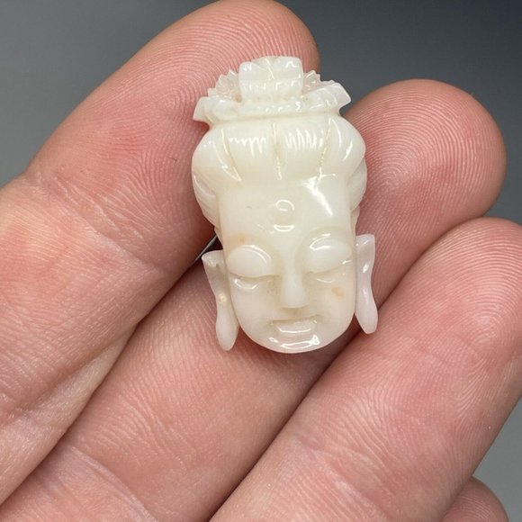 1" Antique Hand Carved Angel Coral Buddha Face Boddhisatva Chinese Pendant Head - Picture 12 of 14